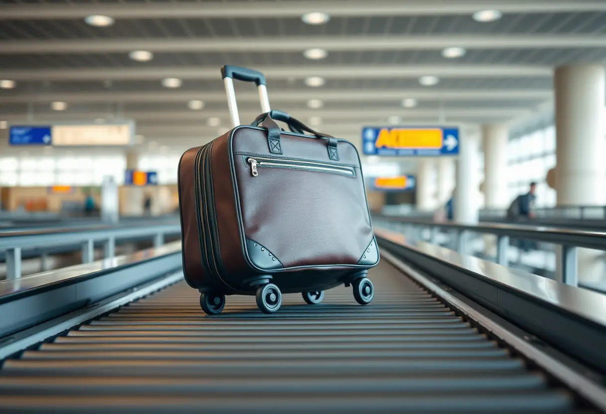 Des roues d'un sac-cabine roulant sur un tapis de convoyeur à l'aéroport, le sac étant légèrement soulevé pour éviter toute rayure