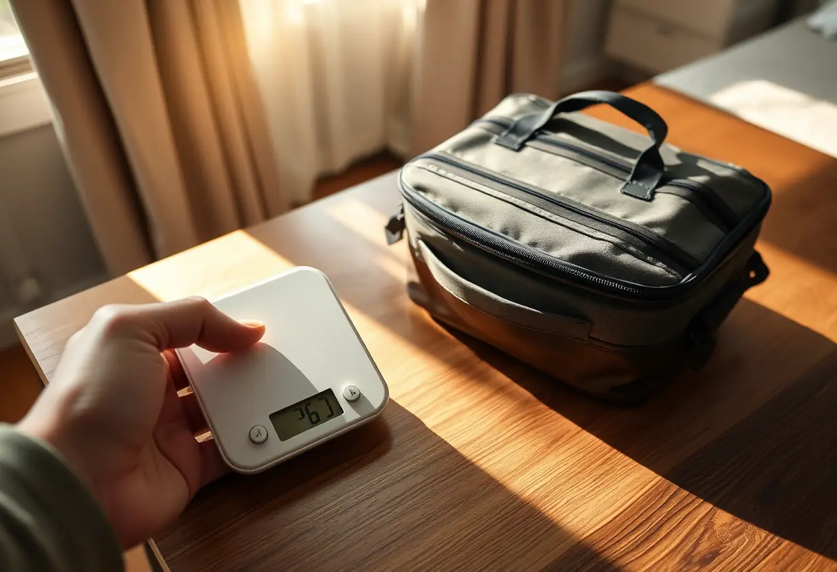 Une main tenant un petit poids digital à côté d'une valise cabine fermée posée sur un bureau dans une chambre, éclairée par la lumière du matin