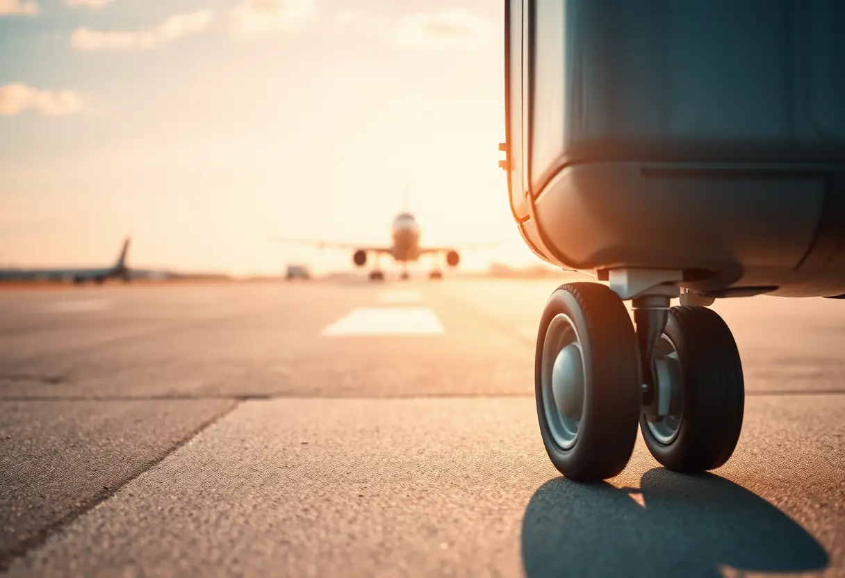 Des roues d'une valise cabine tournant sur l'aéroport, vues de loin avec des avions s'élevant en arrière-plan flou
