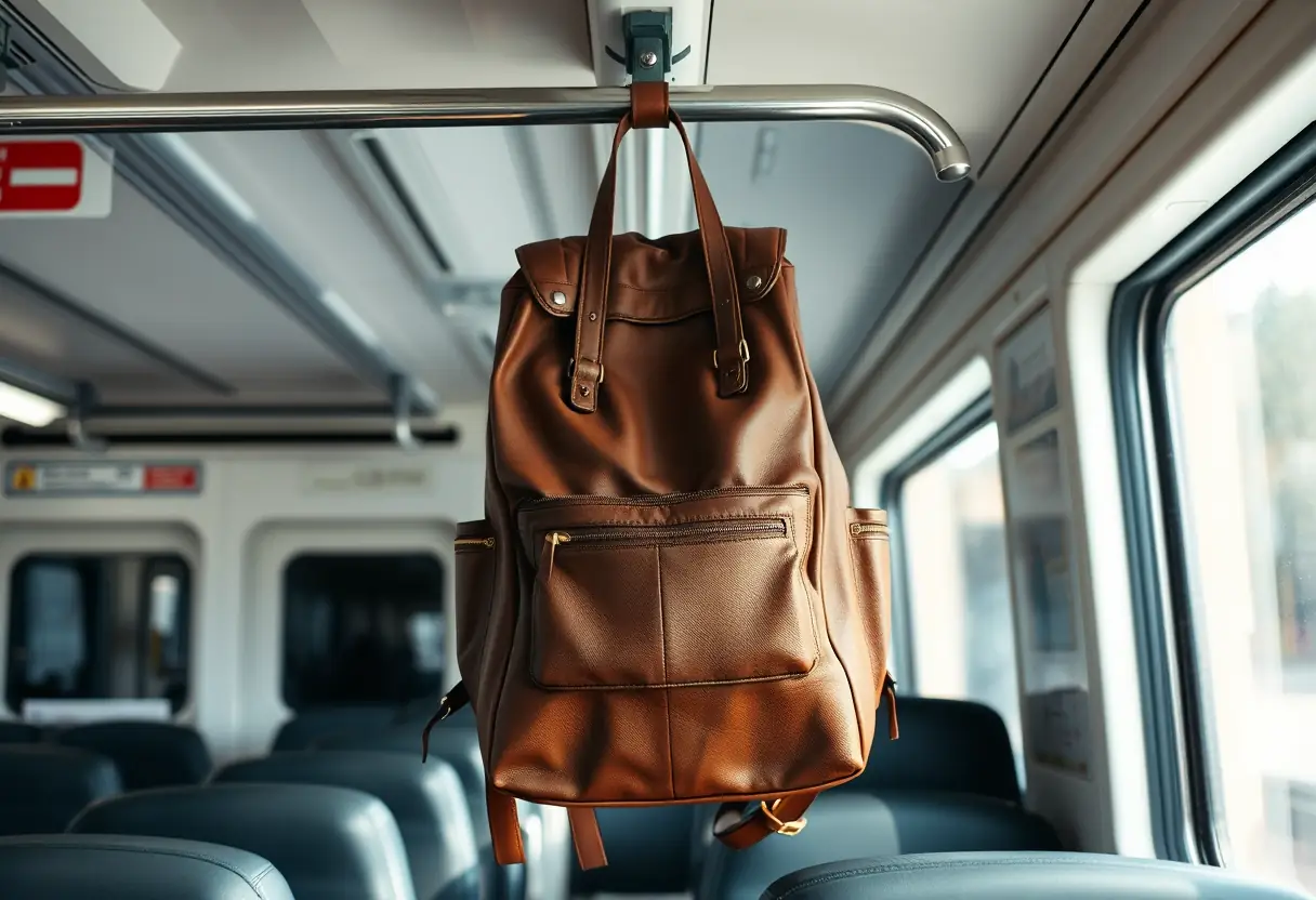 Un sac à dos en cuir accroché à la barre de rangement des bagages dans une voiture de train