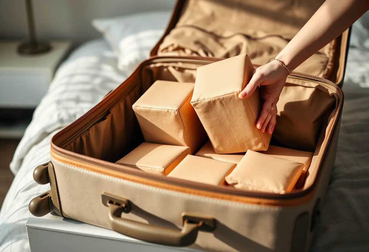 Une main déposant des cubes de rangement dans une valise ouverte sur une commode de chambre à coucher