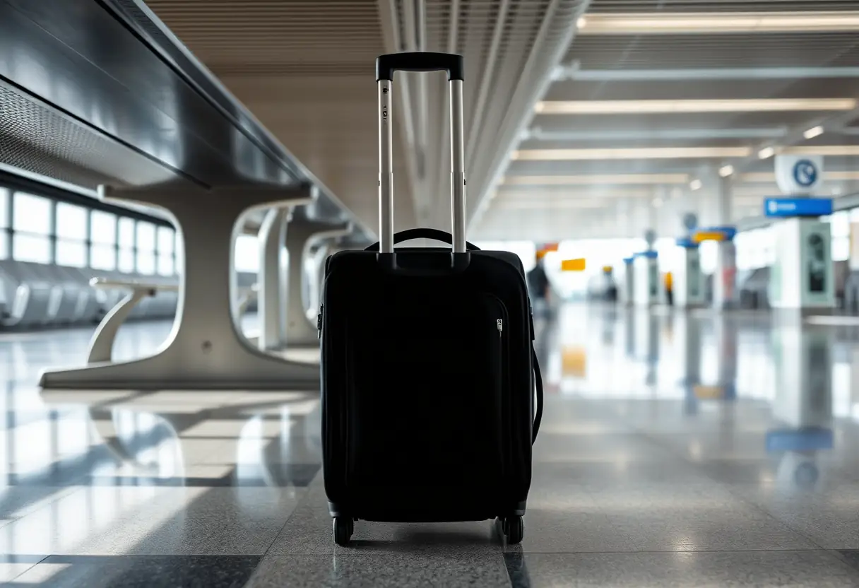 Un porte-bagages télescopique sortant d'une valise cabine posée sous un banc dans un terminal d'aéroport