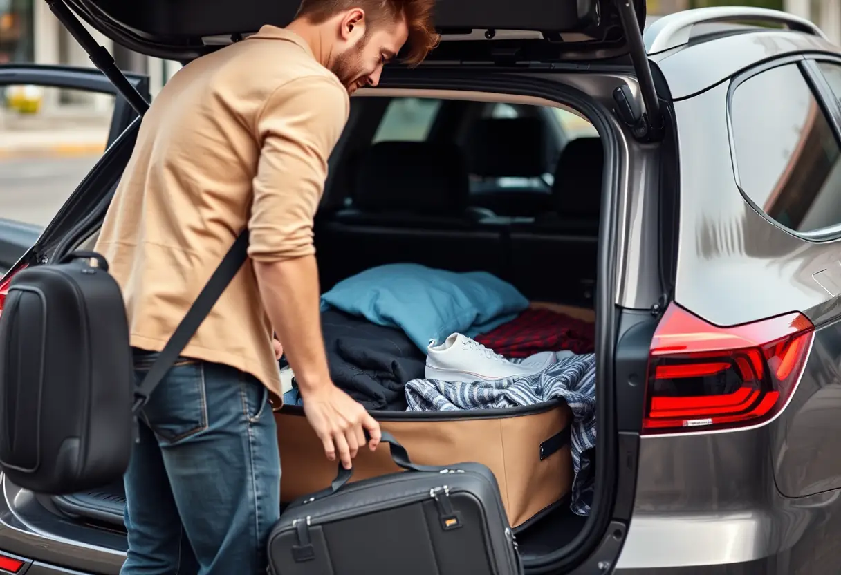 Un voyageur place un sac de voyage à compartiments dans le coffre d'une voiture, la fermeture du sac est ouverte révélant des vêtements pliés.
