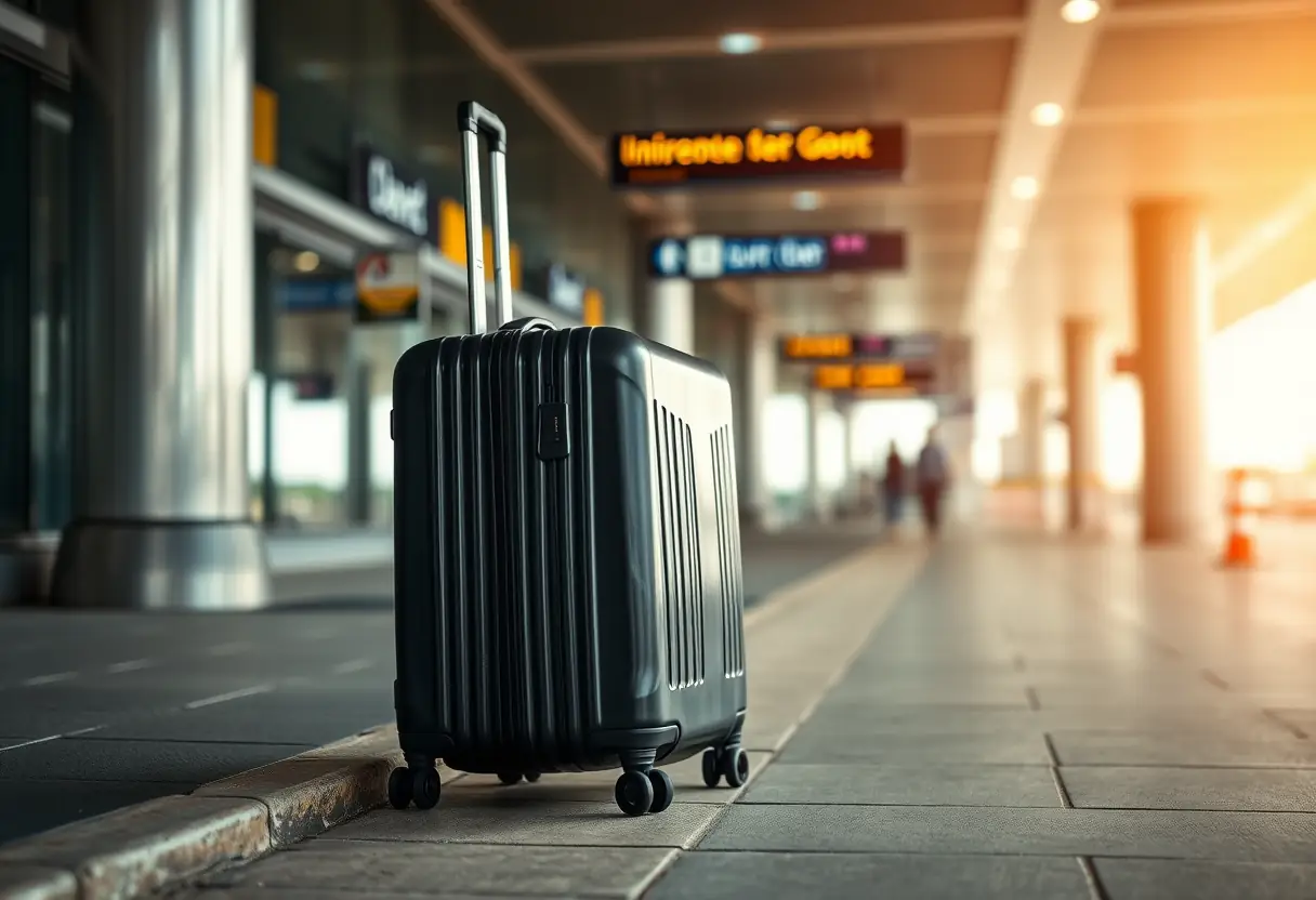 Un sac à dos fermé posé sur le trottoir devant un terminal d'aéroport