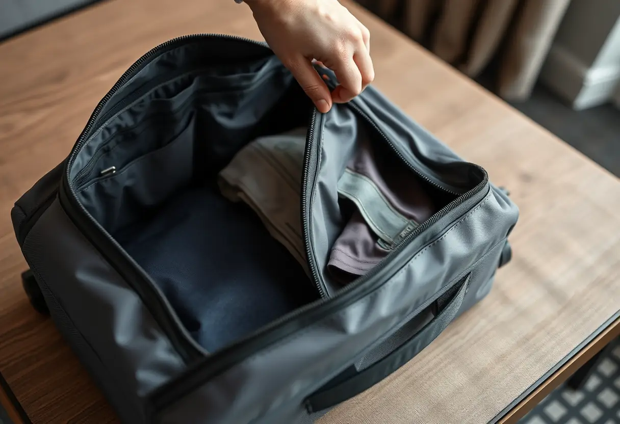 La fermeture d'une valise de voyage posée sur un bureau d'hôtel