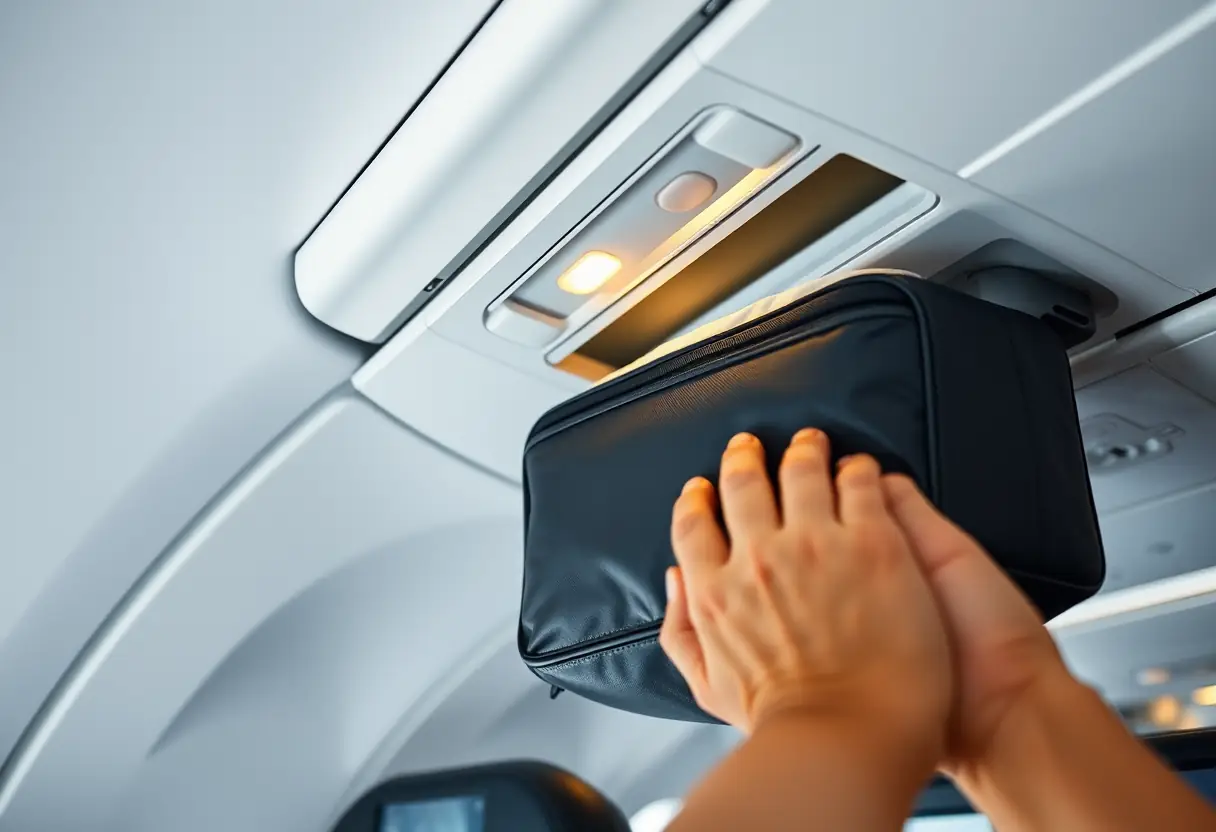 La main d'une personne place une valise cabine déjà emballée dans un compartiment de rangement au-dessus des sièges d'un avion