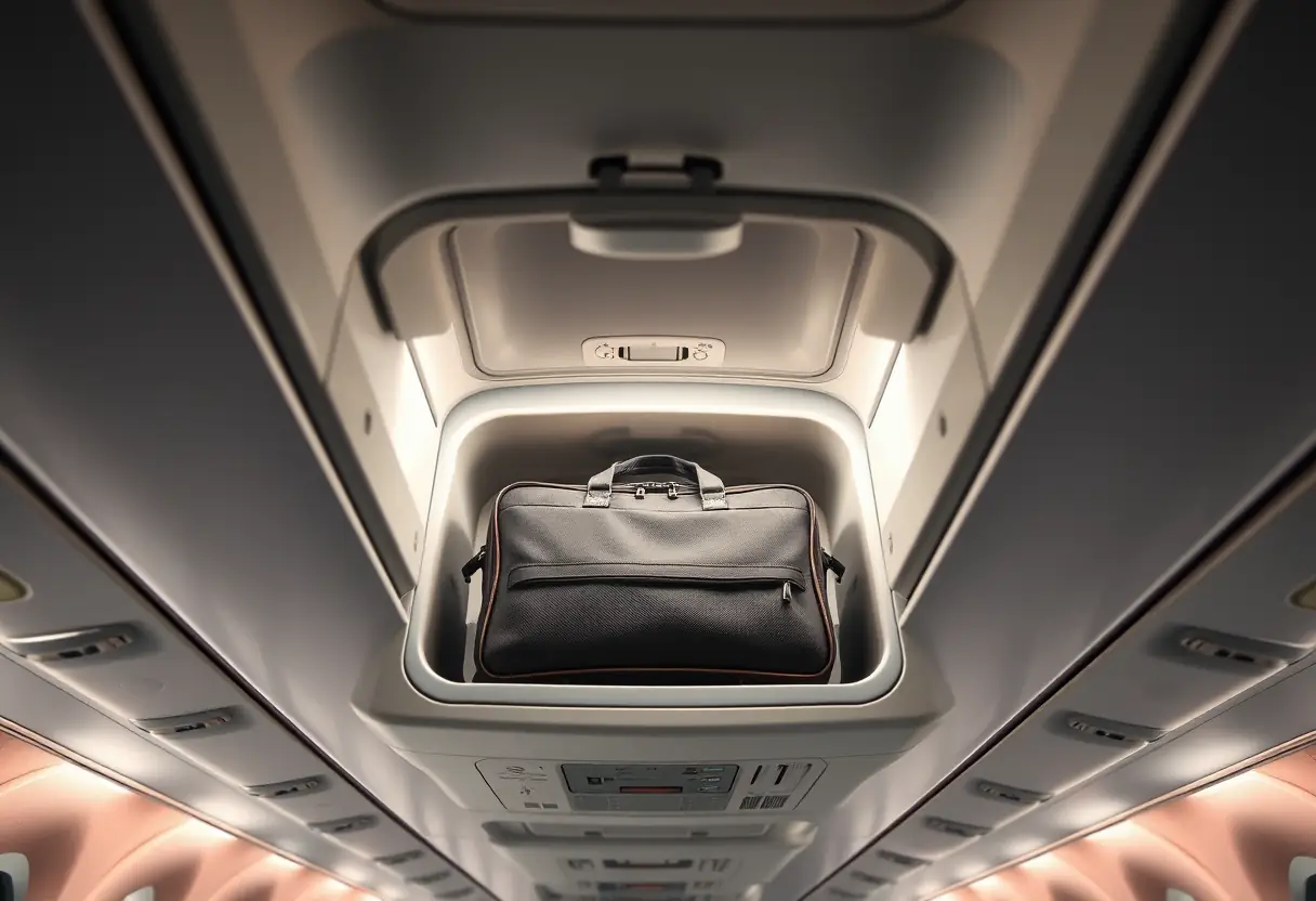 Un bagage cabine est rangé dans la soute au-dessus des sièges d'un avion.