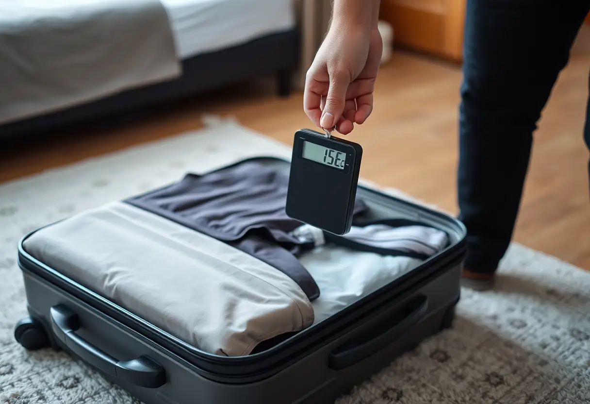 Une main tient un échelle de bagages portative, en train de mesurer le poids d'une valise bien emballée sur le plancher d'une chambre.