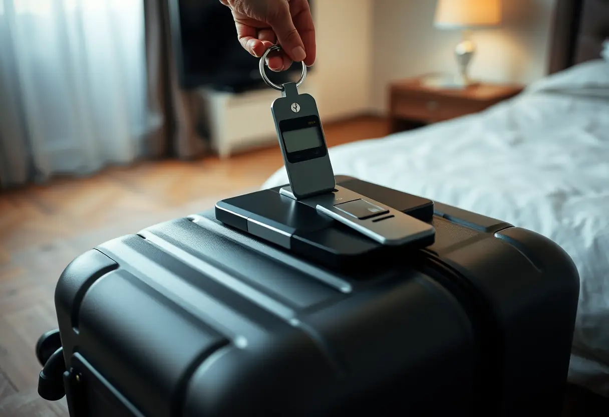 La main d'une personne pose une balance à bagages sur une valise cabine prête à être pesée dans sa chambre