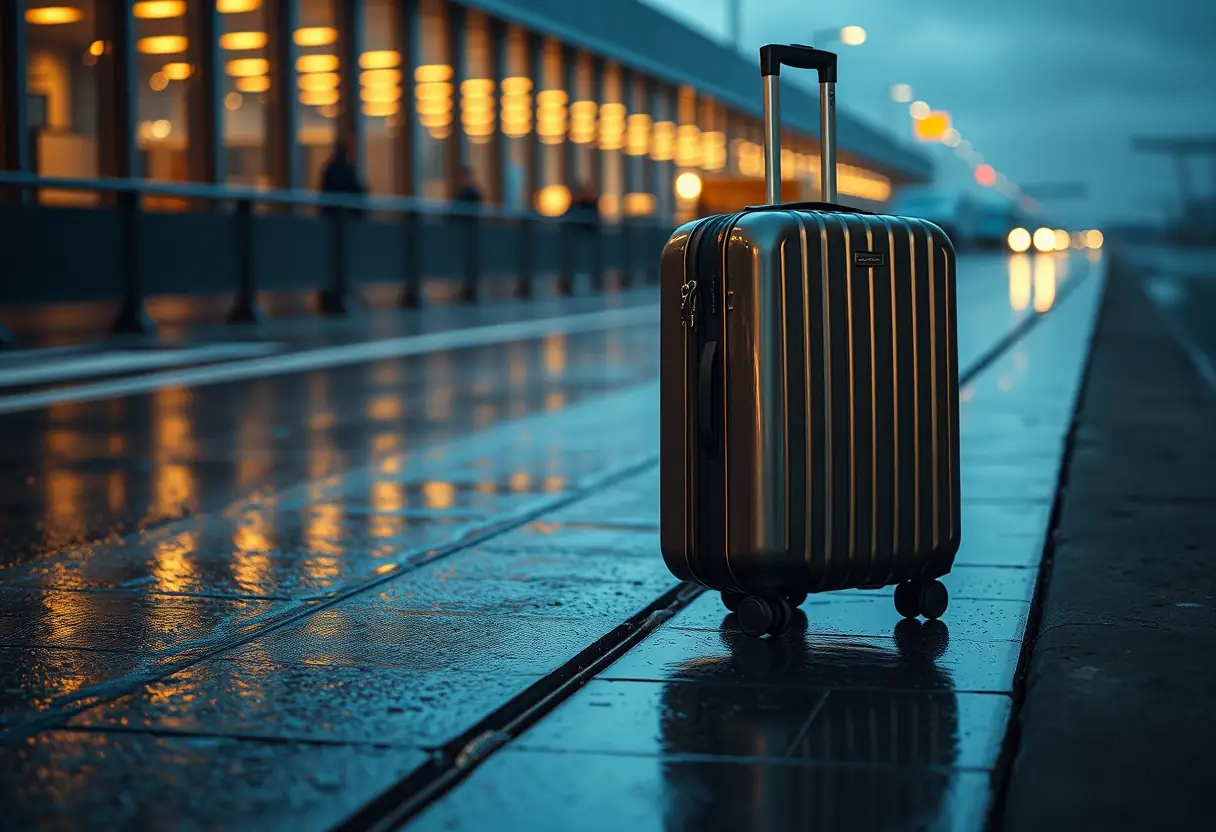 Les roues d'une valise glissent sur un trottoir mouillé d'aéroport après une nuit de pluie, la poignée de la valise est légèrement relevée