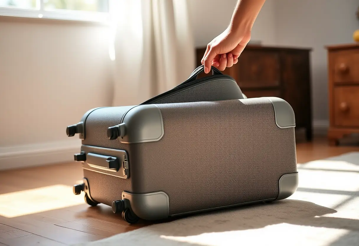 La fermeture à glissière d'une valise molletonnée est tirée par une main, la lumière du matin souligne la texture du tissu.