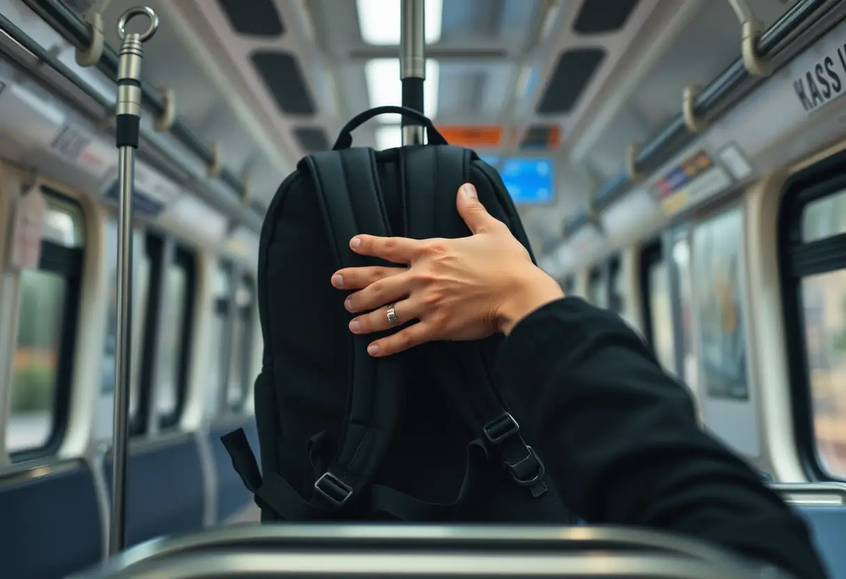 La main d'une personne ajuste les sangles d'un sac à dos accroché à la barre de porte des wagons.