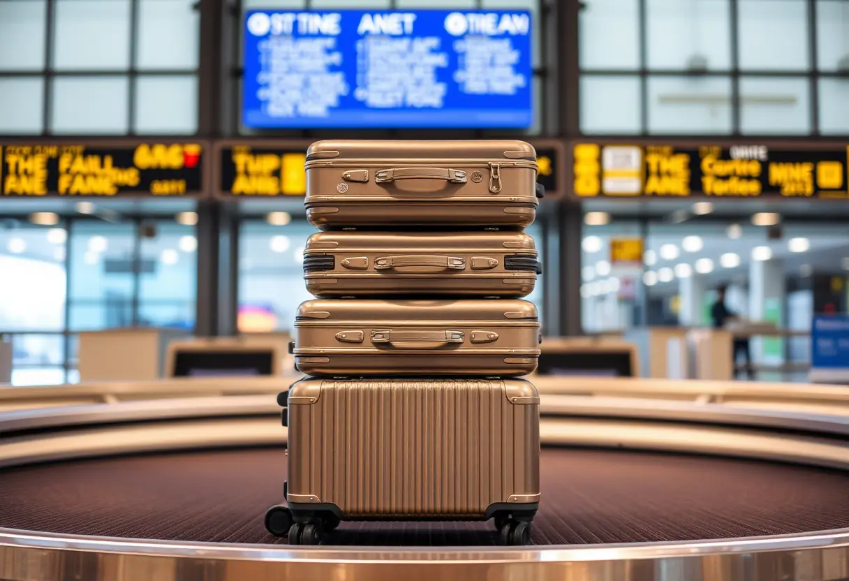Une rangée verticale de valises dont les roues tournent légèrement sur un tapis roulant de bagages dans un aéroport.