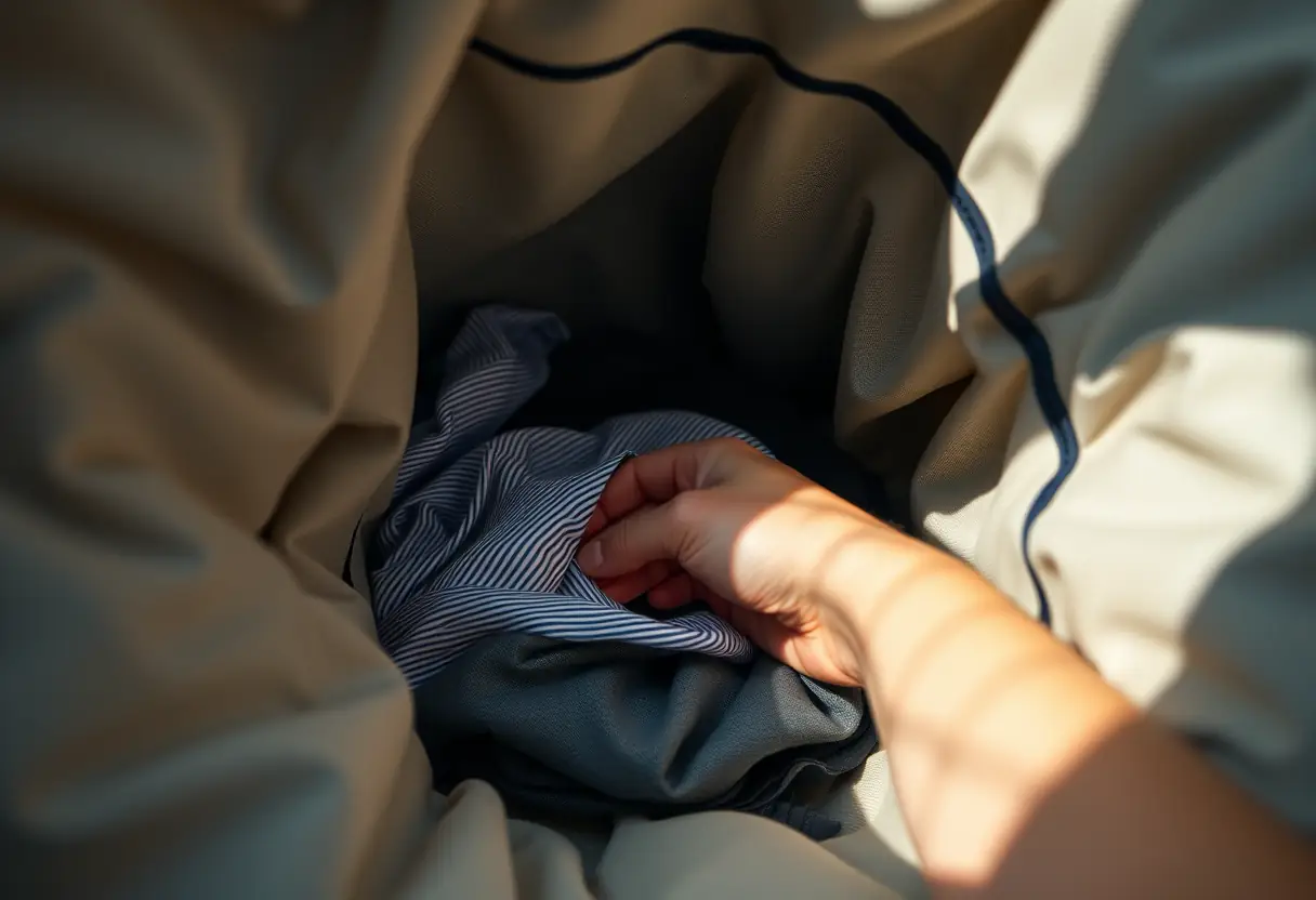 Une main cherche dans un tube en tissu contenant des vêtements pliés