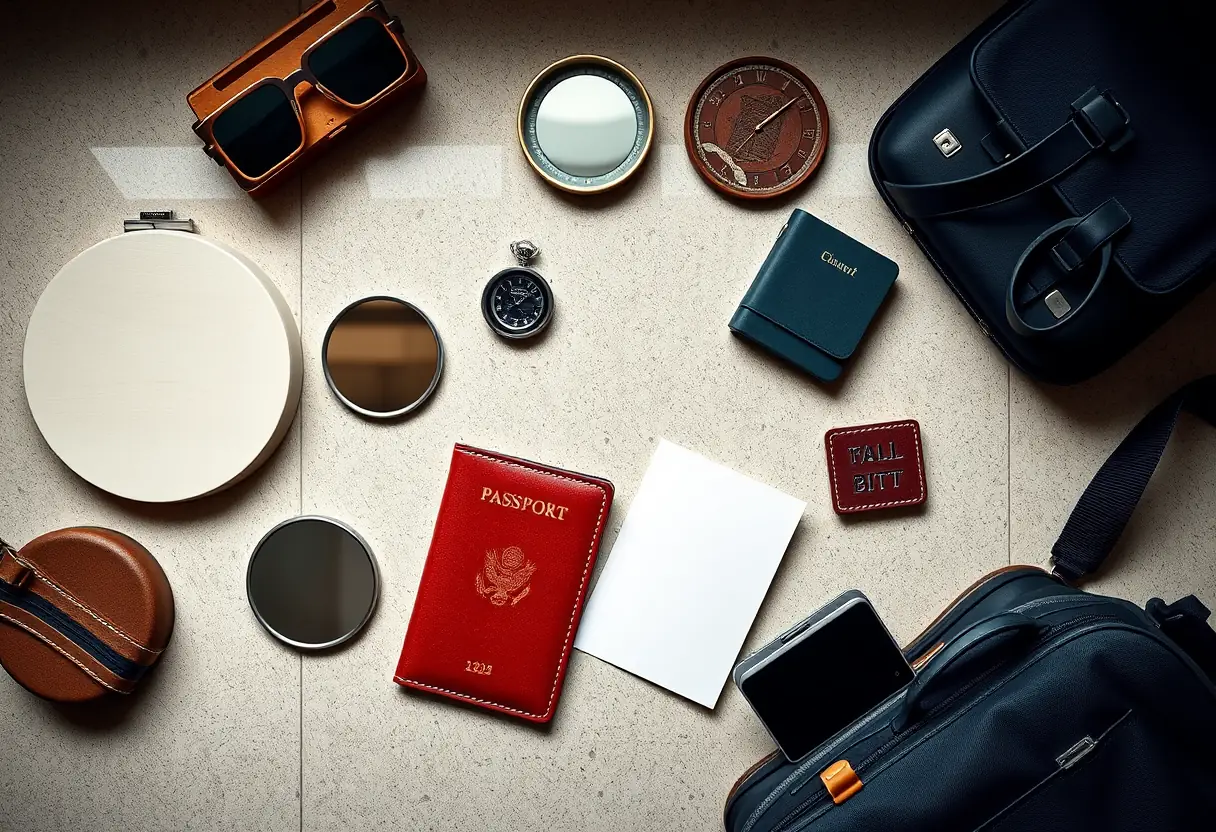 Divers objets de voyage disposés sur une table avant le départ