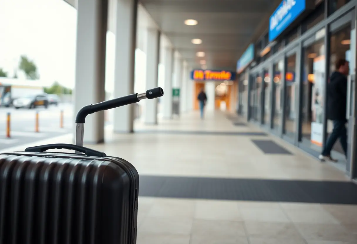Un manche télescopique sortant d'une valise souple posée sur le trottoir en face de l'entrée d'un aéroport