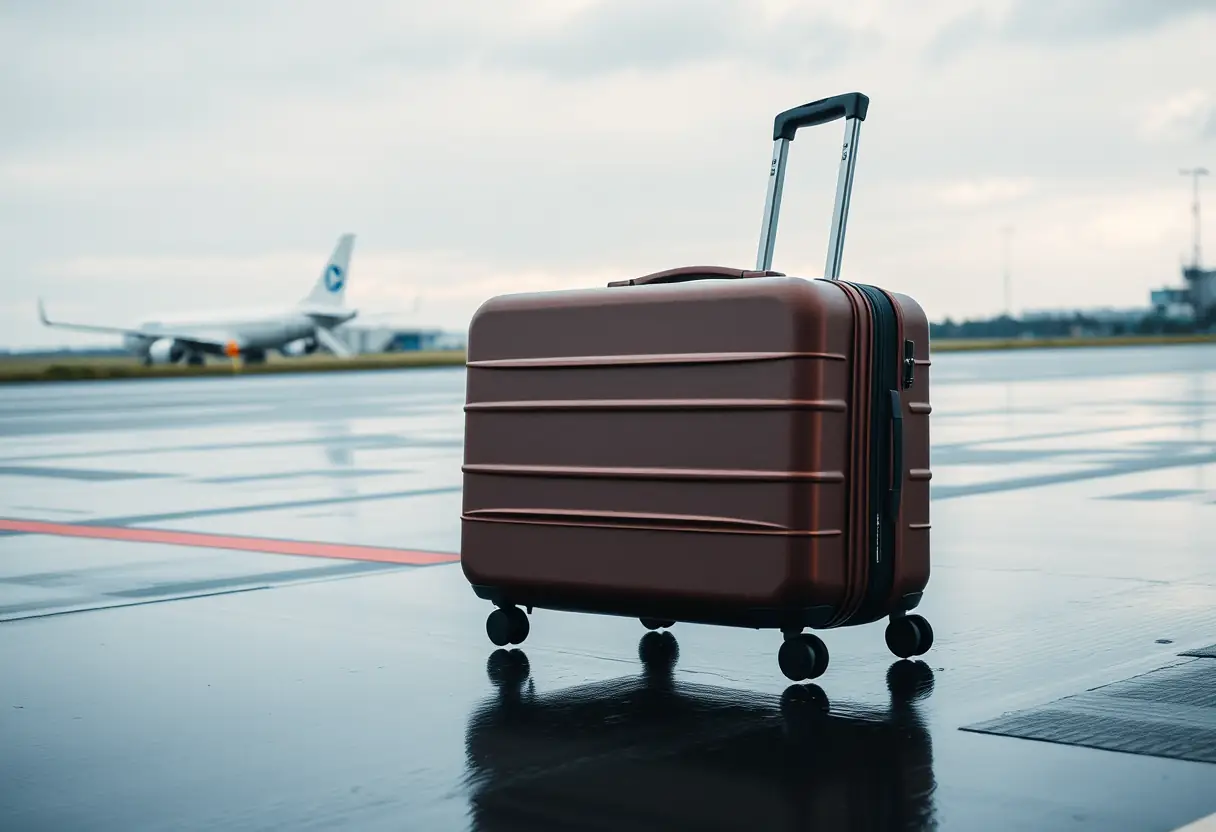 Des roues de valise tournant sur une piste d'aéroport mouillée
