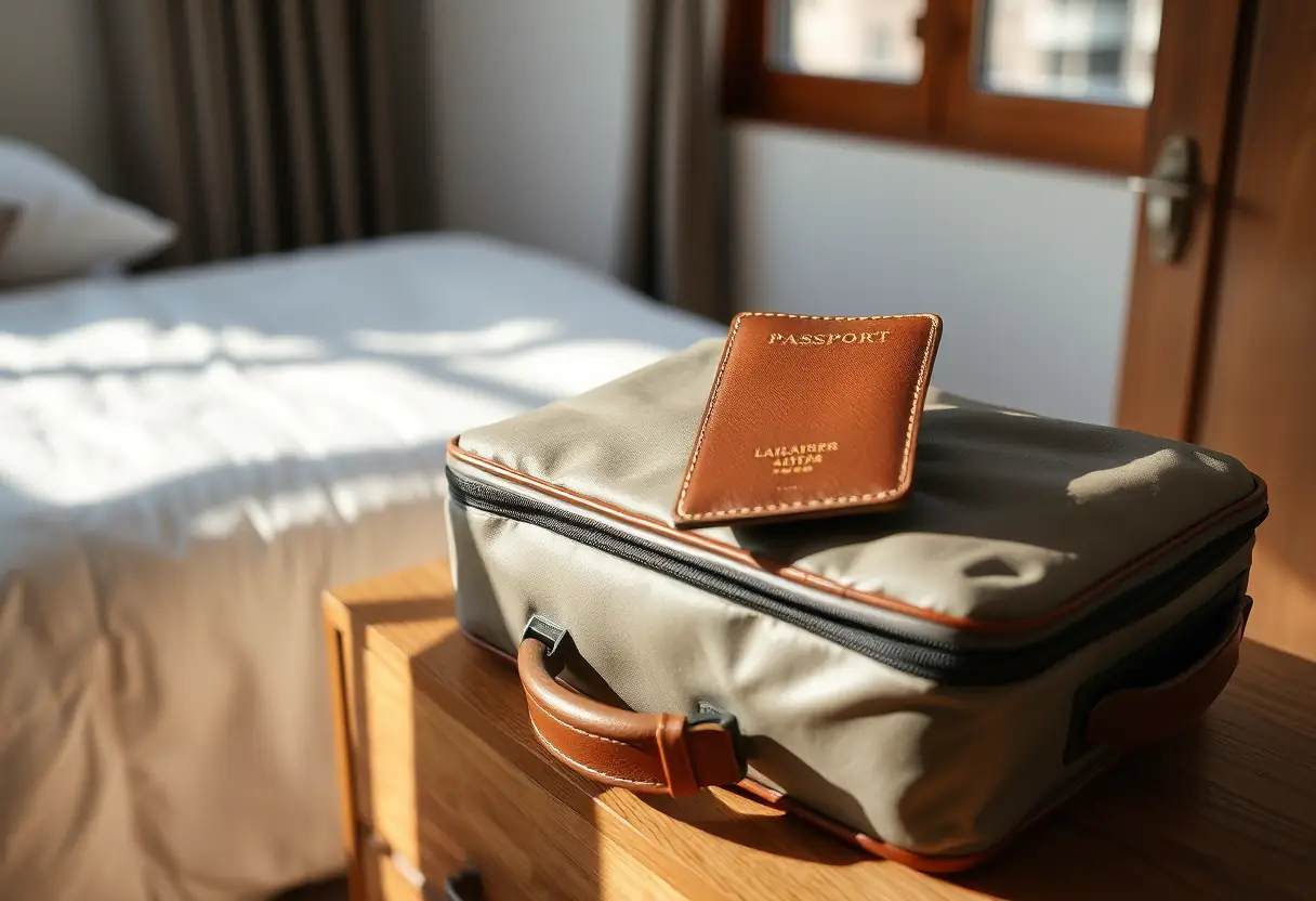 Un portefeuille en cuir reposant sur un sac de voyage bien rangé sur une commode dans une chambre au petit matin