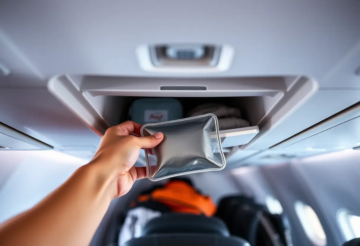 Une main insérant un petit nécessaire de toilette dans un compartiment de soute d'avion, vu depuis en dessous du compartiment, d'autres sacs sont visibles à l'intérieur