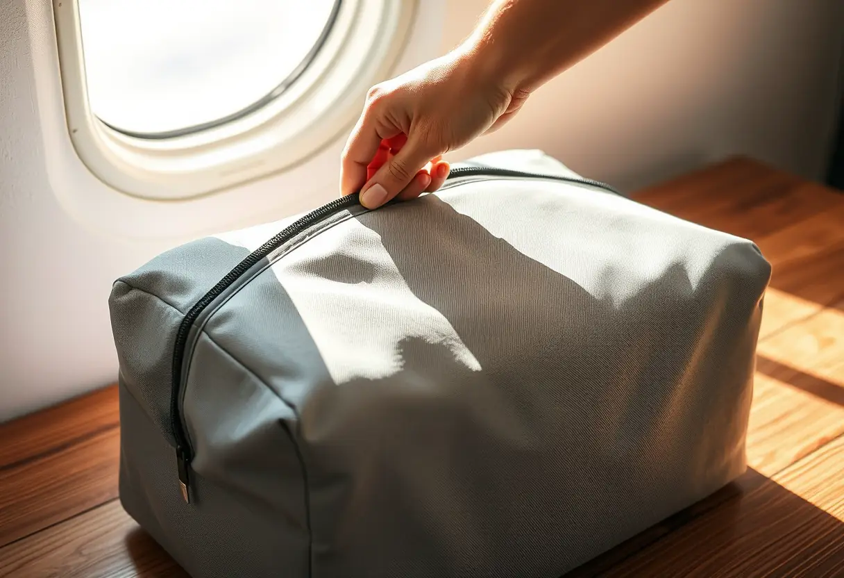 Une main ferme la fermeture éclair d'une valise cabine souple posée sur une table en bois, la lumière du soleil met en valeur la texture du tissu
