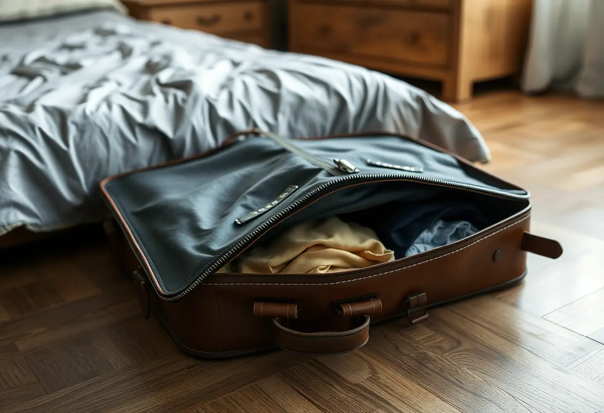 Un sac de voyage en cuir ouvert sur le plancher d'une chambre à coucher, révélant des vêtements pliés avec soin