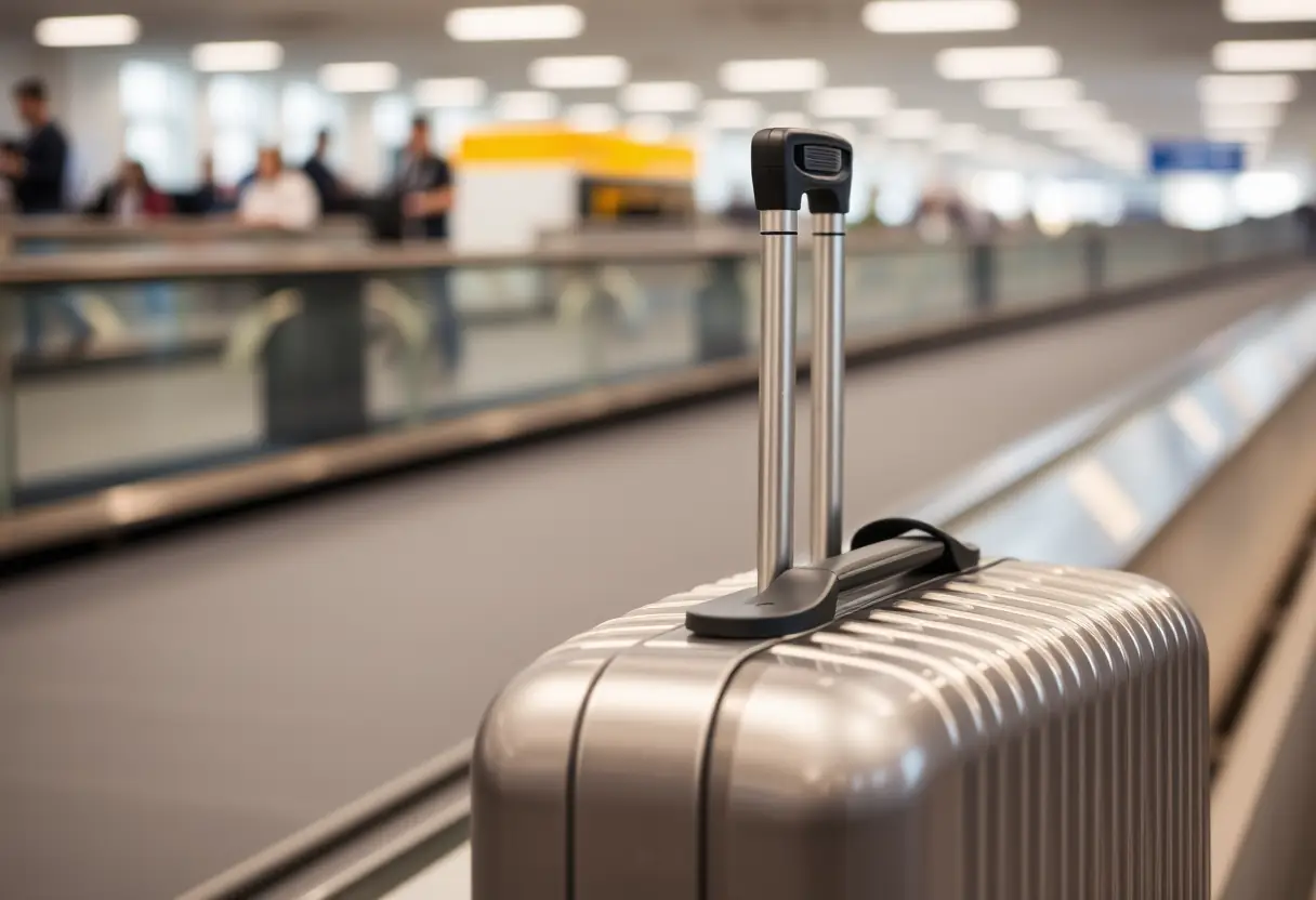 Un manche télescopique sortant d'une valise rigide sur un tapis de bagages