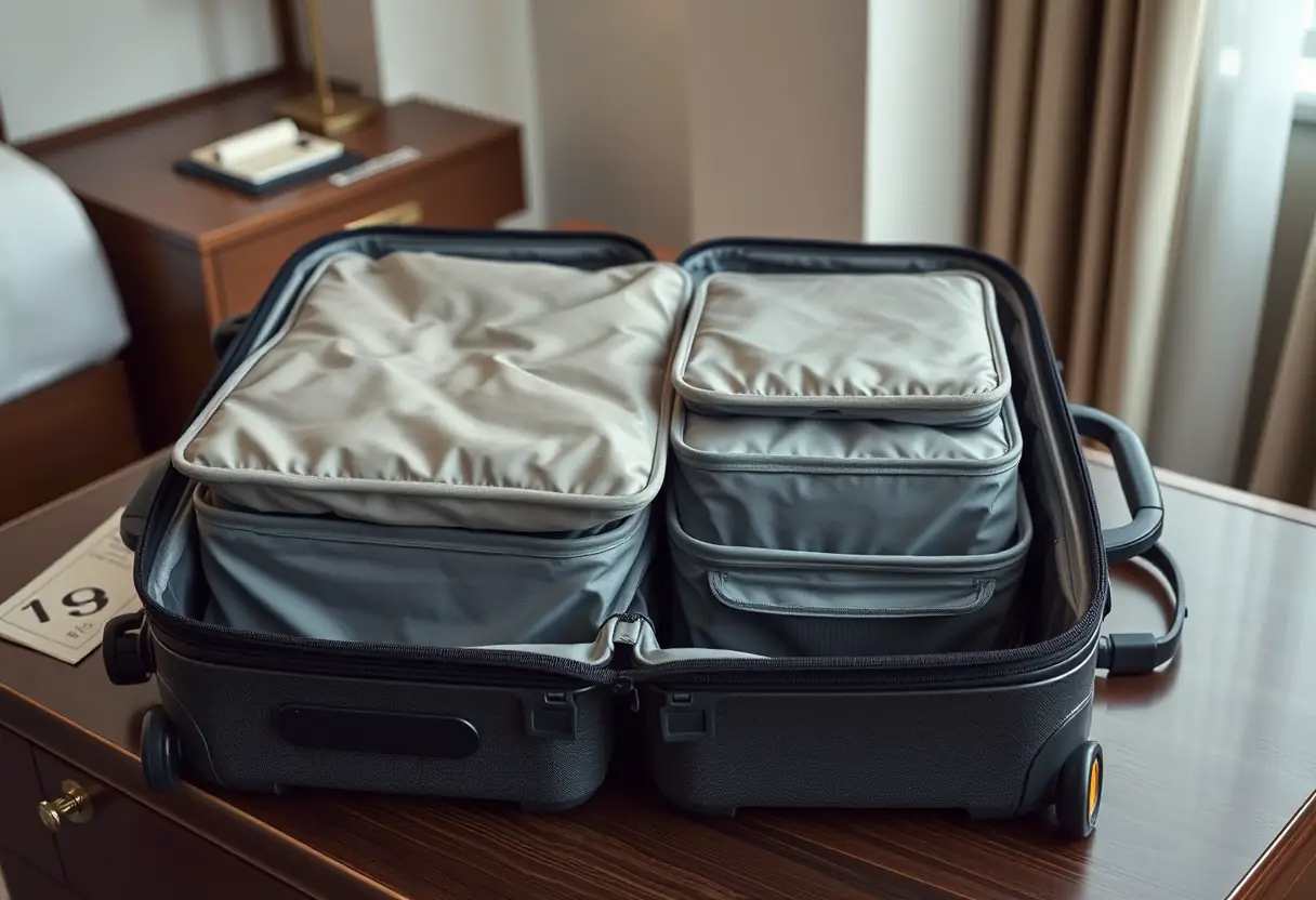 Des cubes de rangement bien disposés à l'intérieur d'une valise partiellement ouverte sur un bureau d'hôtel