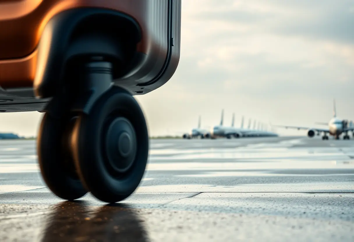 Des roues d'une valise qui tournent sur un tarmac mouillé, avec une file de gros avions à l'horizon