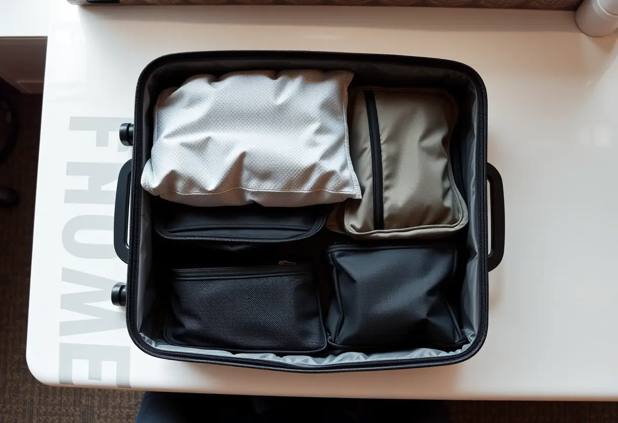 Des compartiments de rangement bien ordonnés à l'intérieur d'un sac à dos de cabine posé plat sur un bureau d'hôtel