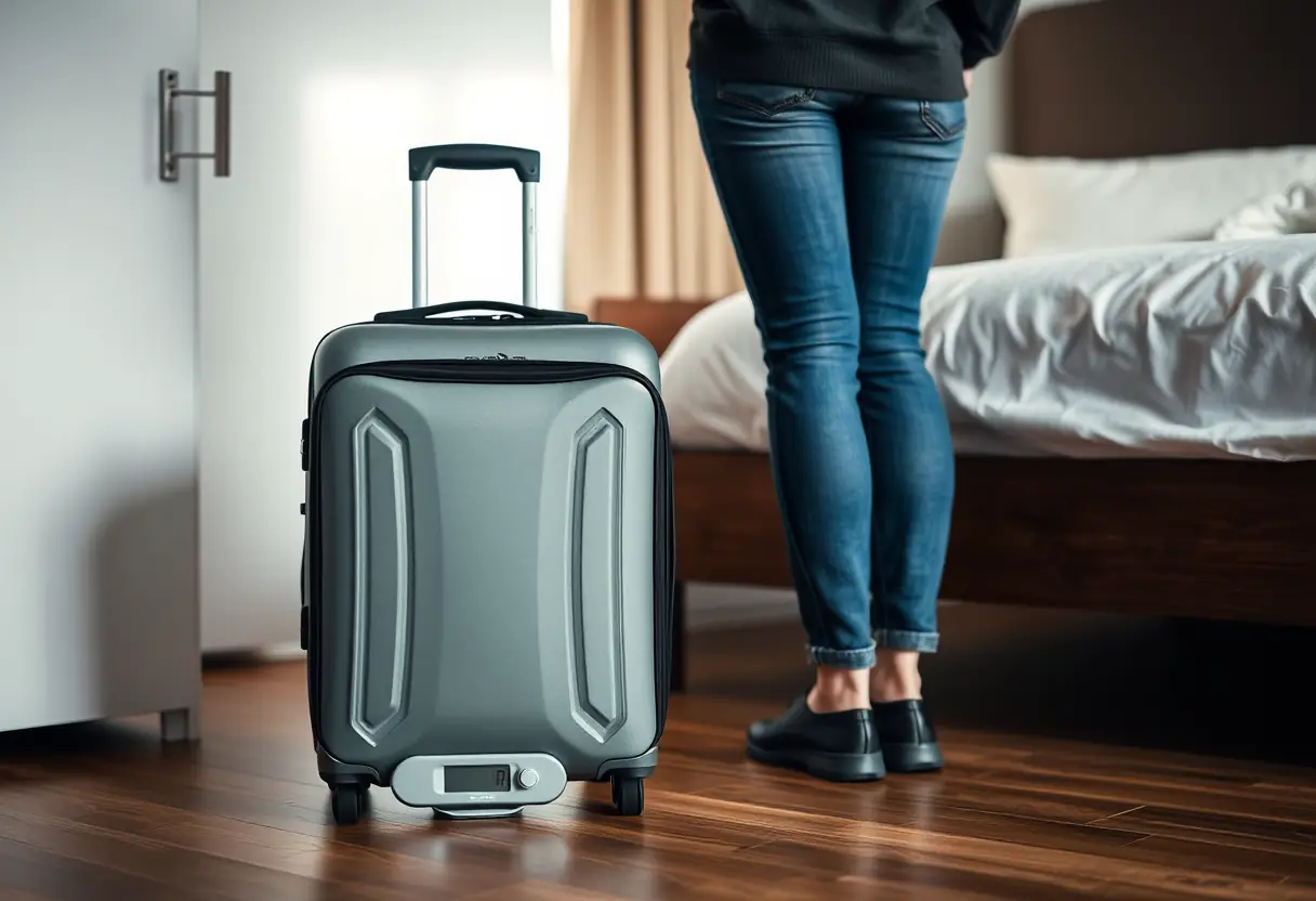 Un sac à dos souple entièrement fermé posé à côté d'une balance numérique dans une chambre prête pour le contrôle du poids lors de l'enregistrement