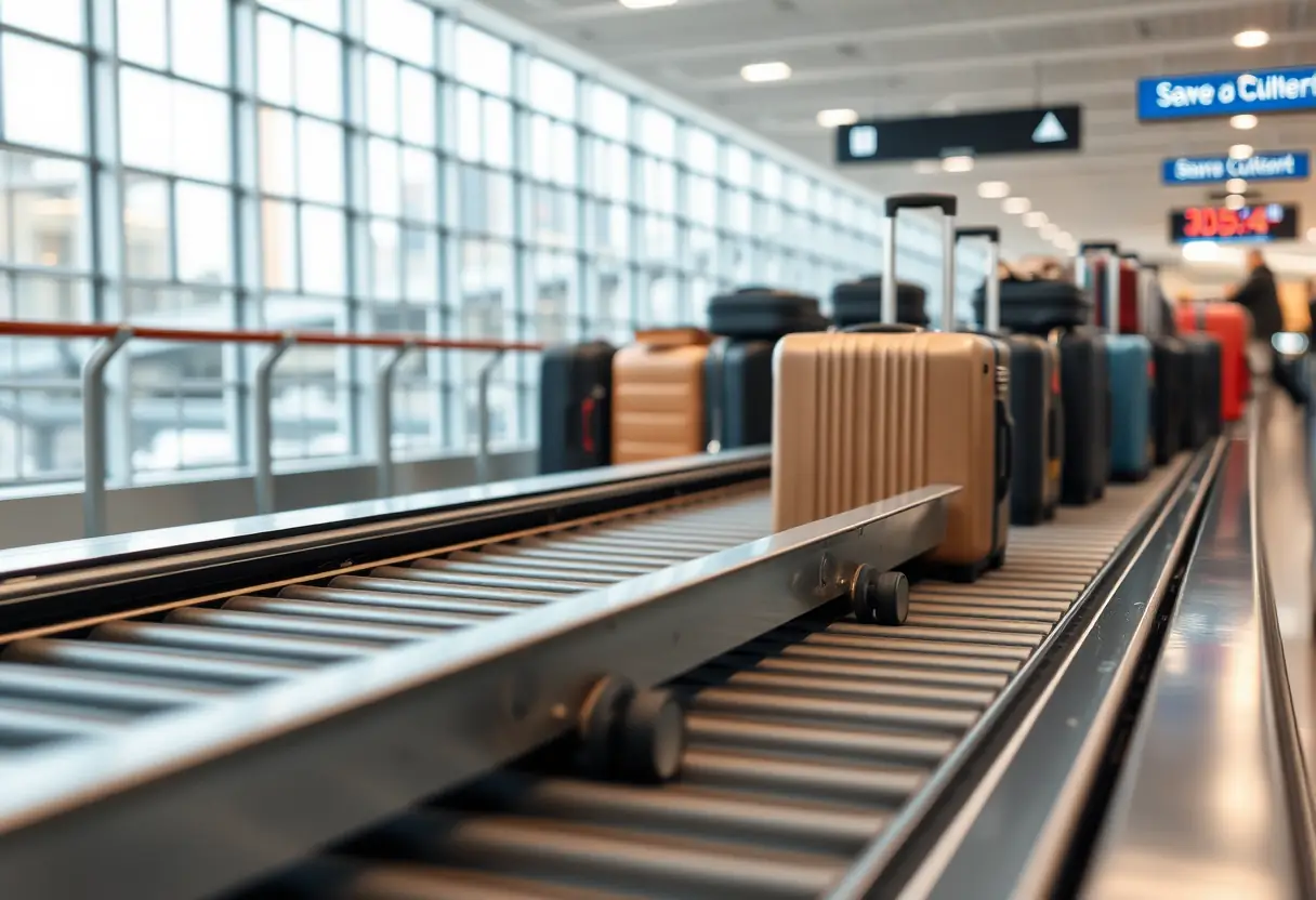 Des roues d'une valise roulant sur un tapis de convoyeur à aéroport, se dirigeant vers une pile de valises attendant d'être chargées