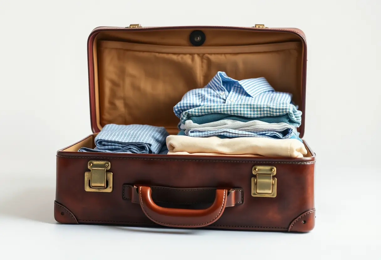 Un valise en cuir dont le couvercle est légèrement ouvert, révélant des vêtements pliés avec soin à l'intérieur