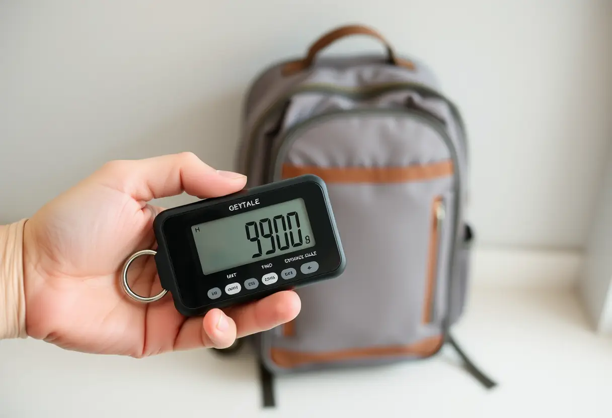 Une main tenant un échelle de bagages portable, en train de peser un sac à dos moyen