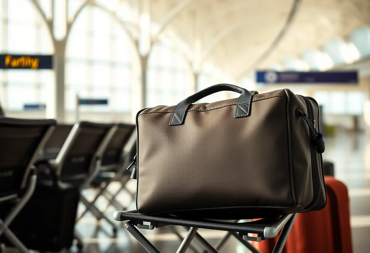 Un sac cabine rectangulaire fermé posé sur une chaise pliante en métal dans un terminal aéroportuaire ensoleillé