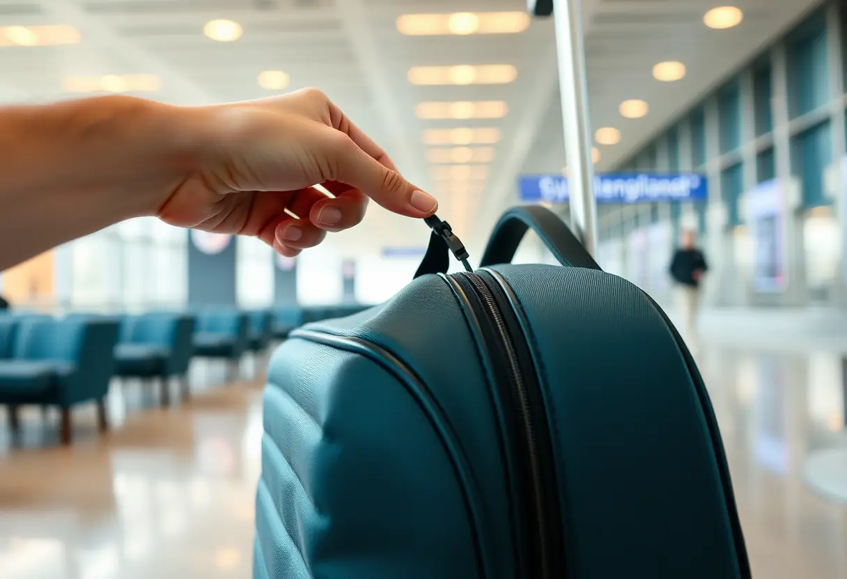 Une main tire la fermeture à glissière d'un sac cabine doublé dans une salle de repos aéroportuaire bien éclairée