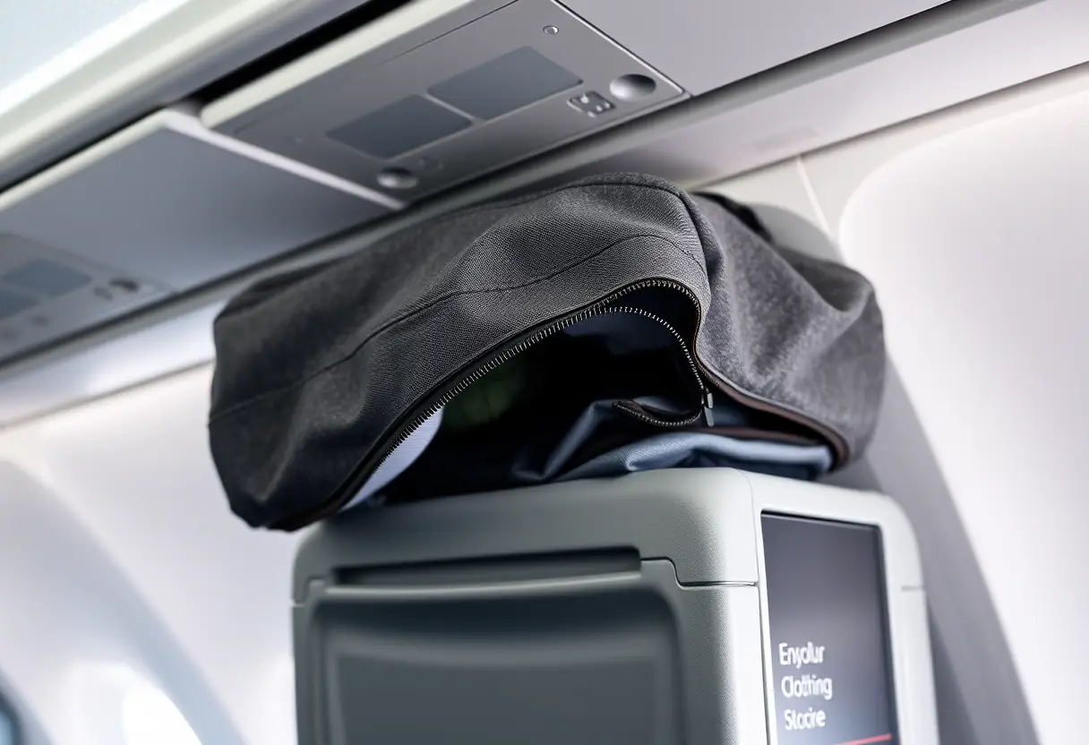 Un sac à dos cabine fermé reposant dans un porte-bagages au-dessus des sièges, la fermeture éclair légèrement tirée révélant un coin de vêtements bien pliés à l'intérieur