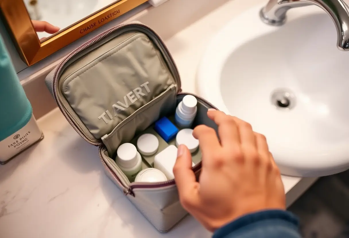 La main d'un voyageur qui atteint un kit de toilette compact posé sur un meuble de salle de bains, les objets à l'intérieur sont à peine visibles