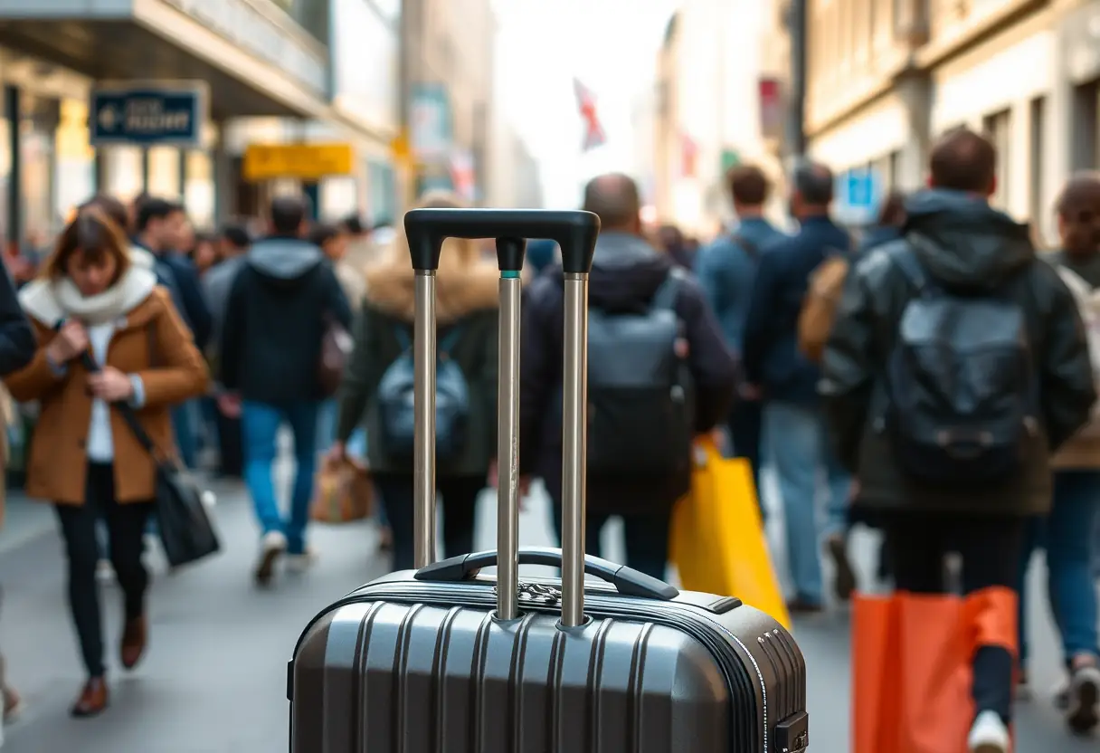 Une poignée télescopique qui dépasse d'une valise cabine souple sur un trottoir animé