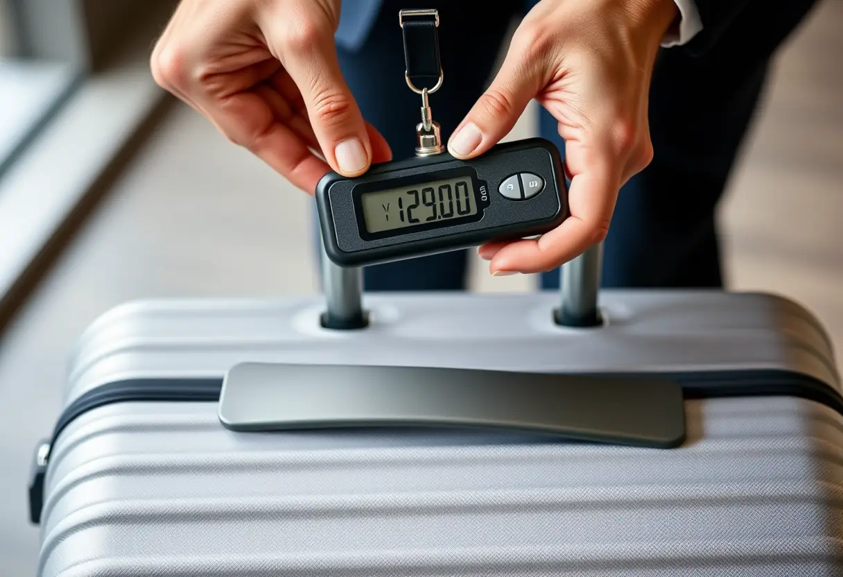 Des mains qui utilisent un échelle de bagages portative pour peser une valise moyenne