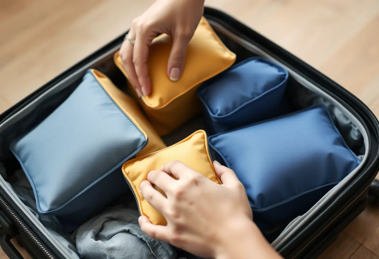 Des cubes de rangement sont soigneusement placés dans une valise rigide par une main.