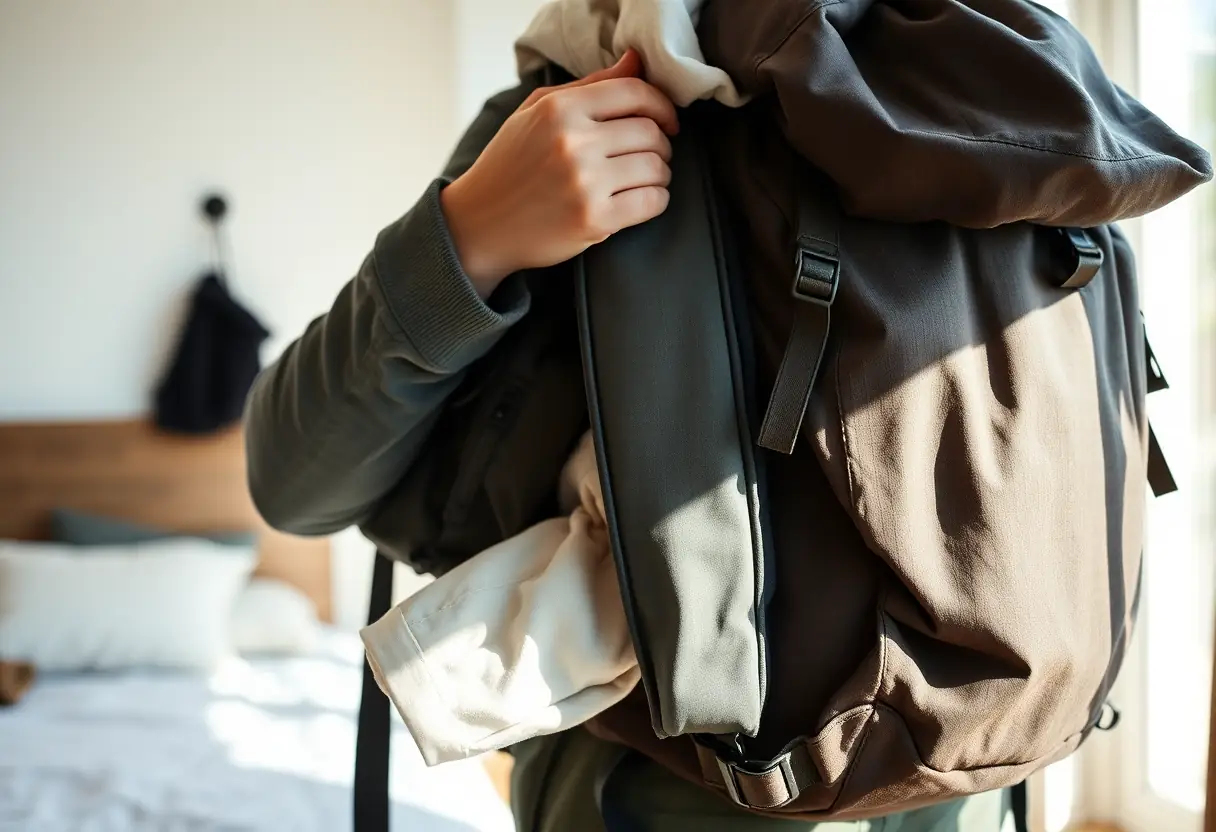 Une main ajustant les bretelles d'un sac à dos rempli de vêtements, debout dans une chambre à coucher sous la lumière du jour