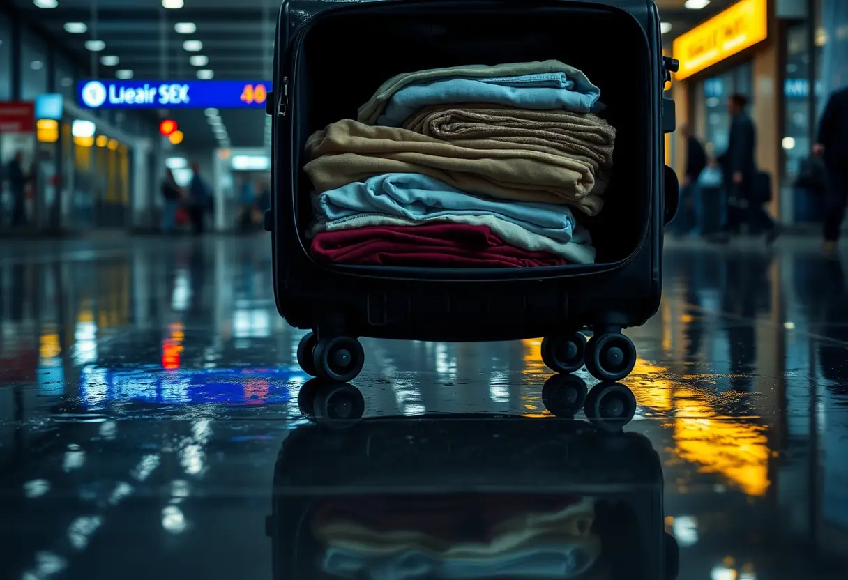 Des roues de valise roulant sur un sol mouillé après une pluie dans un aéroport, la valise contenant des vêtements pliés à l'intérieur, reflétant la lumière tamisée de la salle d'embarquement