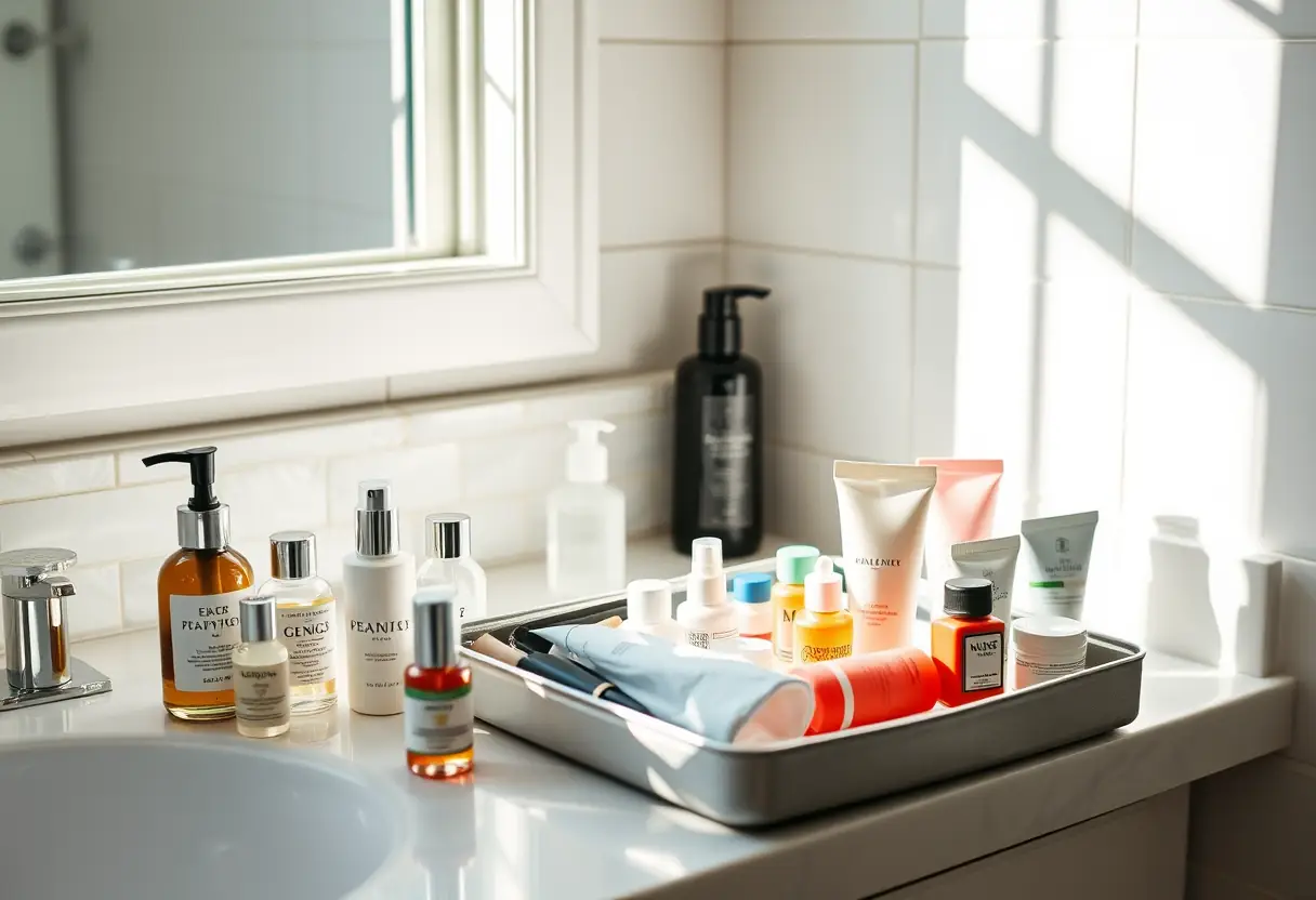 Un kit de toilette rempli de petites bouteilles et tubes posés sur un meuble de salle de bains