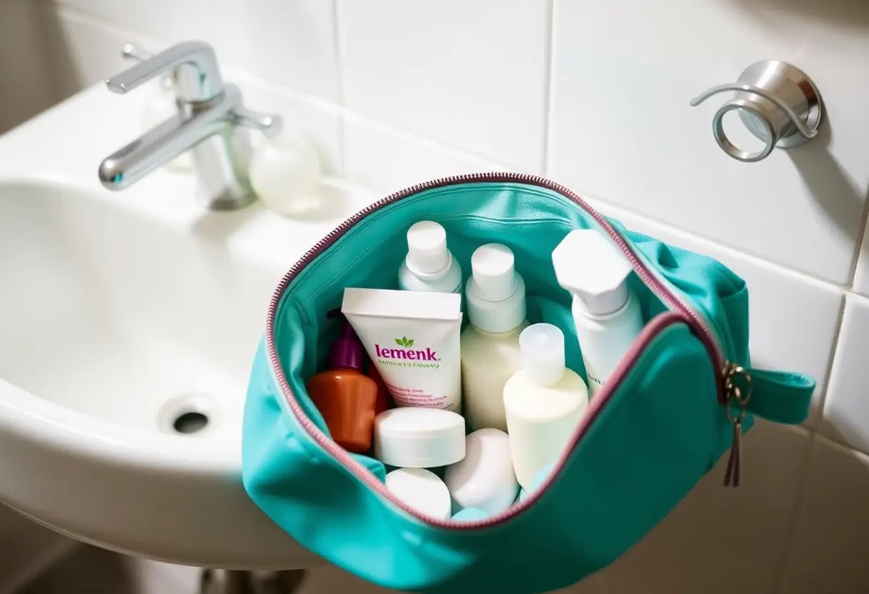 Un sac de toilette en tissu vert posé sur le lavabo d'une salle de bain, à moitié ouvert, contenant des bouteilles et tubes de taille de voyage rangés avec soin