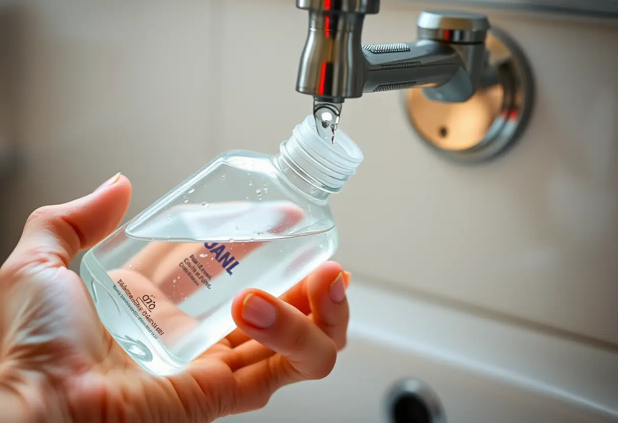 Une main tenant un petit flacon plastique sous un robinet, de l'eau gouttant dans le flacon pour le remplir de gel hydroalcoolique