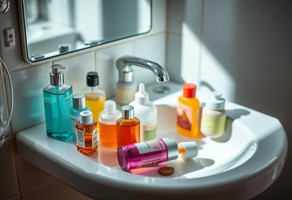 Un kit de toilette rempli de divers conteneurs de liquides posés sur un lavabo