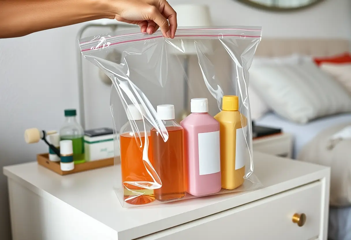 Des bouteilles en plastique de liquides étant soigneusement rangées dans un sac en plastique transparent sur une commode de chambre à coucher