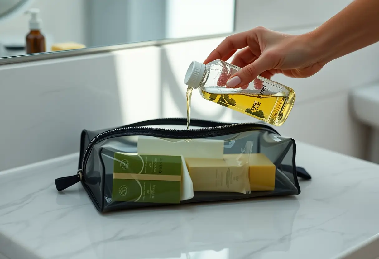 Une main verse du liquide d'une bouteille en plastique transparente dans un sac de toilette posé à plat sur un comptoir de salle de bains