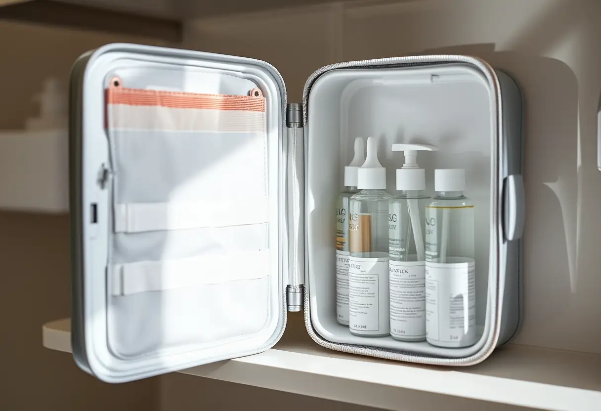 Un kit de toilette ouvert sur une étagère de salle de bains, contenant plusieurs bouteilles transparentes