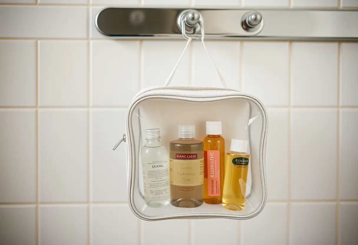 Un porte-gobelets accroché à un anse dans la salle de bains contient plusieurs petits récipients hermétiquement fermés de produits liquides.